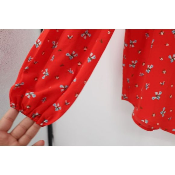 Rixo London Blouse Womens Small Silk Moss Red Floral Print Tie V Neck Top - Picture 5 of 13